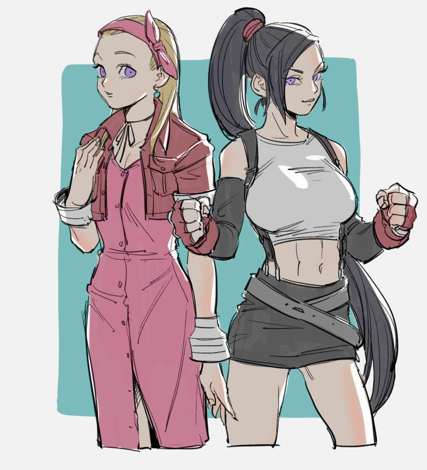 2girls, act_(a_moso), aerith_gainsborough, aerith_gainsborough_(cosplay), belt, black_hair, black_skirt, blonde_hair, bow_hairband, cosplay, cowboy_shot, cropped_jacket, dragon_quest, dragon_quest_xi, dress, elbow_gloves, final_fantasy, final_fantasy_vii, gloves, hair_pulled_back, hairband, high_ponytail, highres, jacket, long_dress, long_hair, martina_(dq11), miniskirt, multiple_girls, pink_dress, ponytail, red_gloves, red_jacket, senya_(dq11), skirt, suspender_skirt, suspenders, tank_top, tifa_lockhart, tifa_lockhart_(cosplay), very_long_hair, violet_eyes, white_tank_top