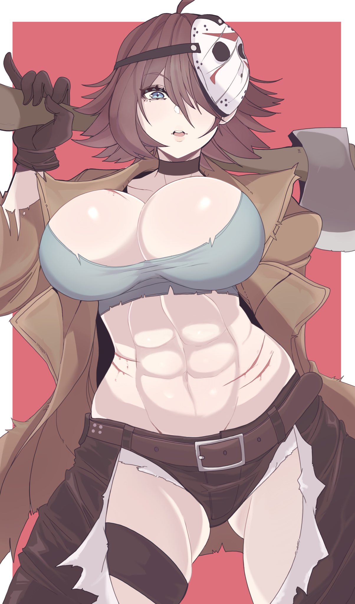 1girl, :o, ahoge, axe, bishoujo_terror, blue_eyes, breasts, brown_choker