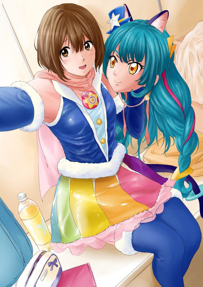 1girl, actress, anigurum, animal_ears, animegao, blue_hair, blush, bob_cut