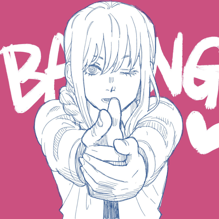 1girl, bang, bangs, black_neckwear, braid, braided_ponytail, business_suit, chainsaw_man, eyebrows_visible_through_hair, finger_gun, formal, heart, highres, long_hair, long_sleeves, looking_at_viewer, makima_(chainsaw_man), monochrome, necktie, one_eye_closed, open_mouth, pink_background, ringed_eyes, smalltung, solo, suit, yuu_yuu_hakusho