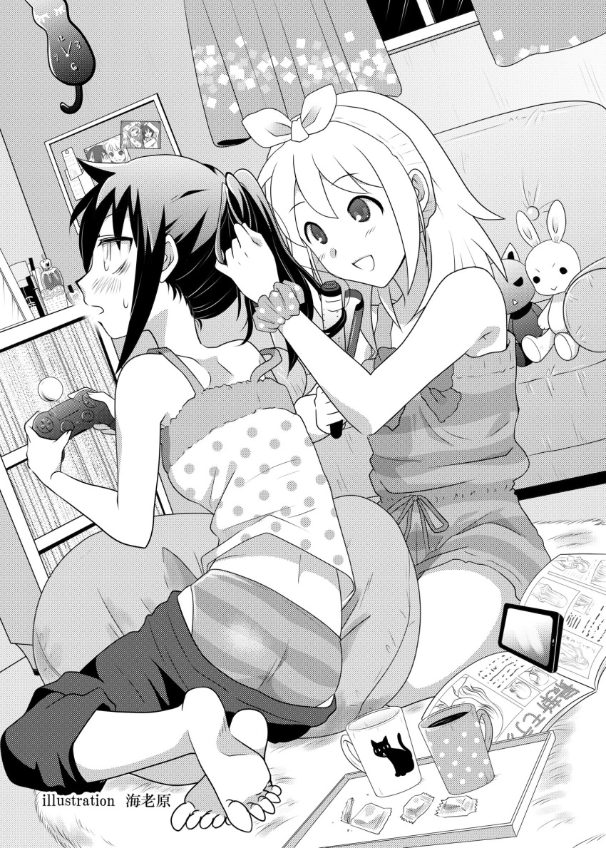 2girls, :d, animal_print, artist_name, ass, bags_under_eyes, barefoot, bedroom