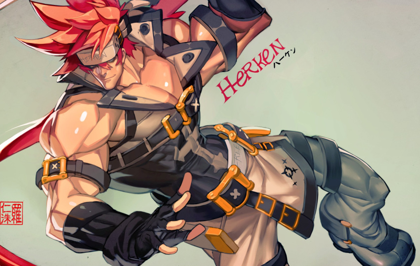 1boy, alternate_design, alternate_eye_color, alternate_hair_color, bara, bare_shoulders, belt_buckle, brown_hair