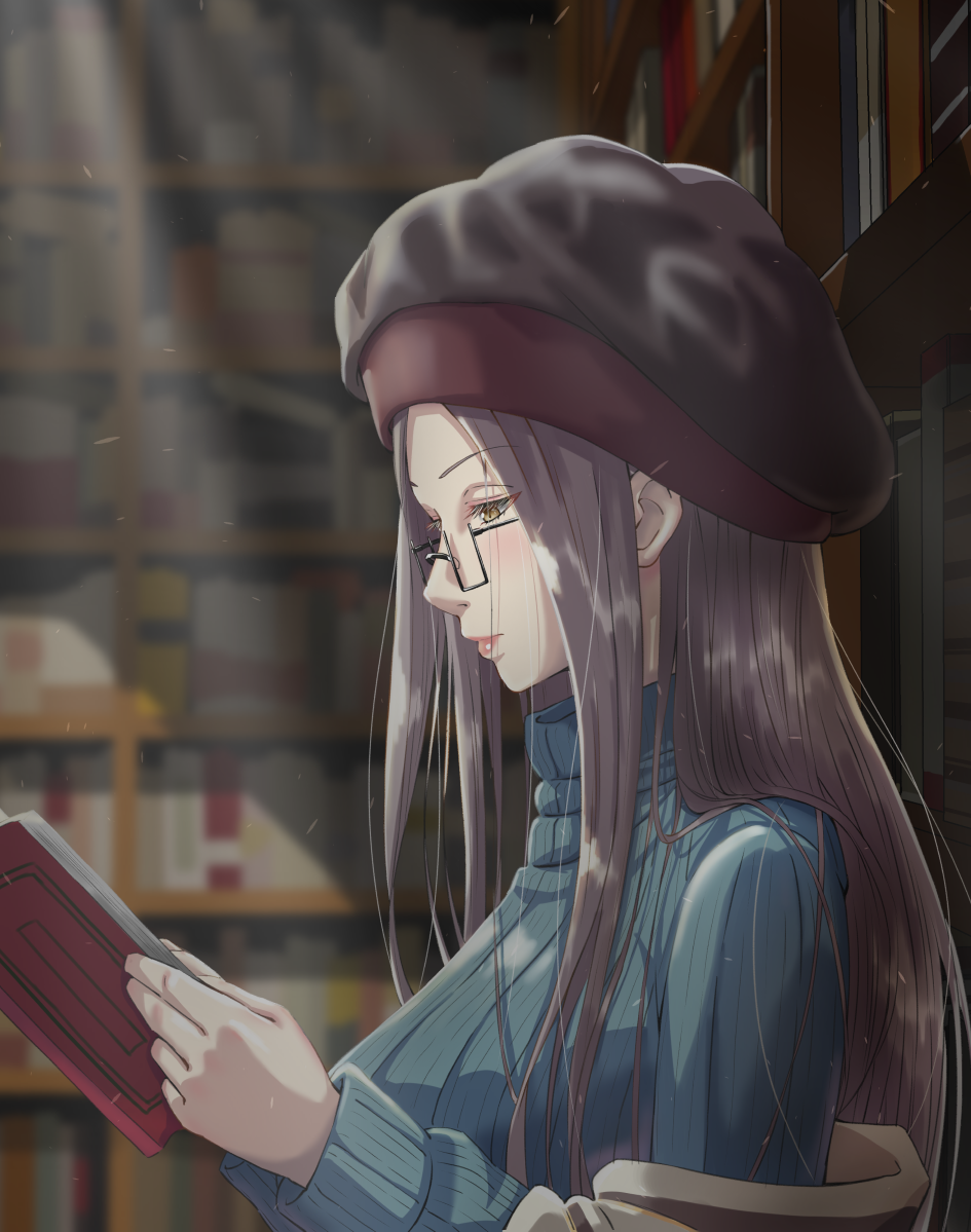 1girl, aqua_sweater, azur_lane, book, breasts, from_side, glasses, grey_hair