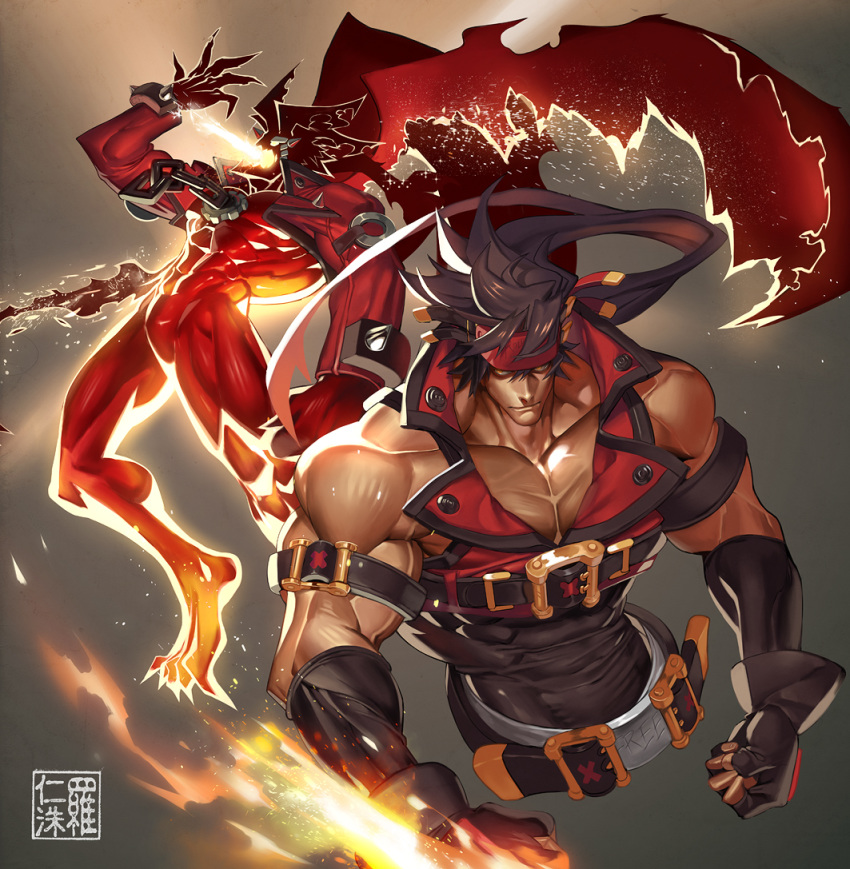 1boy, bara, brown_hair, chest, collarbone, dragon_install, energy_wings, evil_eyes