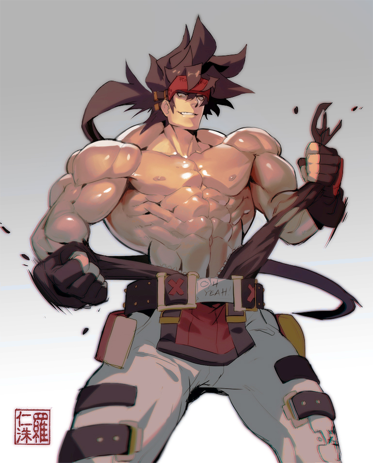 1boy, abs, alternate_costume, bara, bare_chest, belt_buckle, brown_hair, buckle