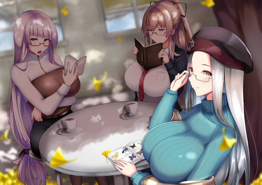 3girls, alternate_costume, aqua_sweater, azur_lane, belt, black-framed_eyewear, black_ribbon, black_skirt