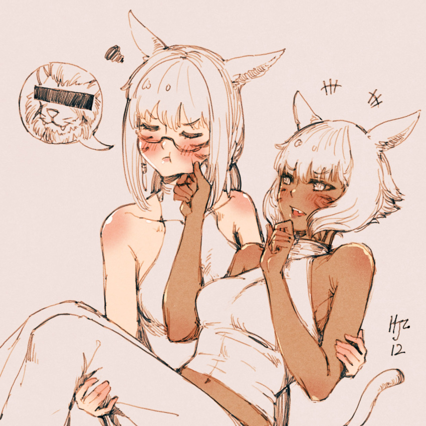 2girls, absurdres, animal_ears, bangs, blush, breasts, carrying, cat_ears, censored, cheek_pinching, closed_eyes, collarbone, dark_skin, facial_mark, final_fantasy, final_fantasy_xiv, glasses, grey_eyes, halterneck, highres, hjz_(artemi), hrothgar, identity_censor, medium_breasts, midriff, miqo'te, multiple_girls, neck_tattoo, pinching, princess_carry, runar, semi-rimless_eyewear, short_hair, tattoo, whisker_markings, white_background, white_hair, y'shtola_rhul, yuri