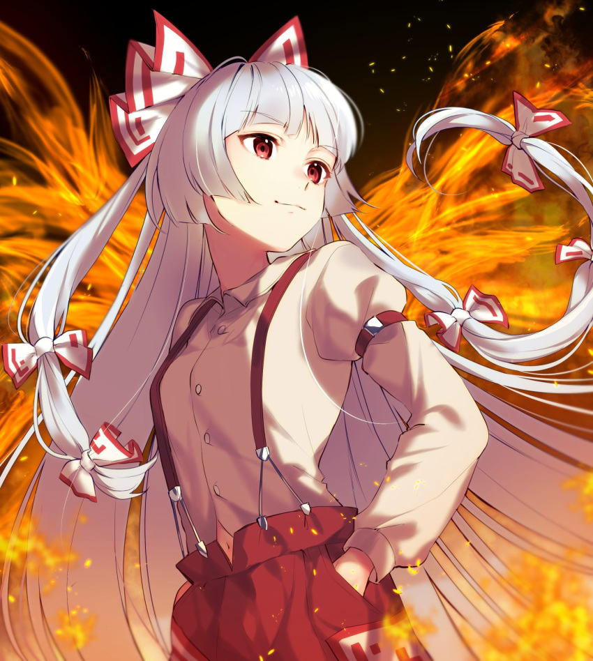 1girl, bangs, bow, breasts, buttons, closed_mouth, cowboy_shot, dutch_angle