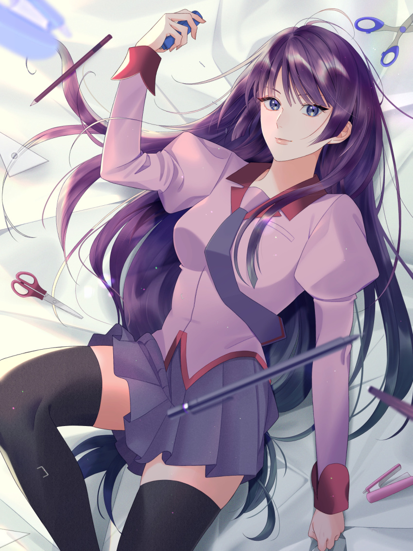 1girl, bakemonogatari, bangs, bed_sheet, blue_eyes, blurry_foreground, breasts, collared_shirt