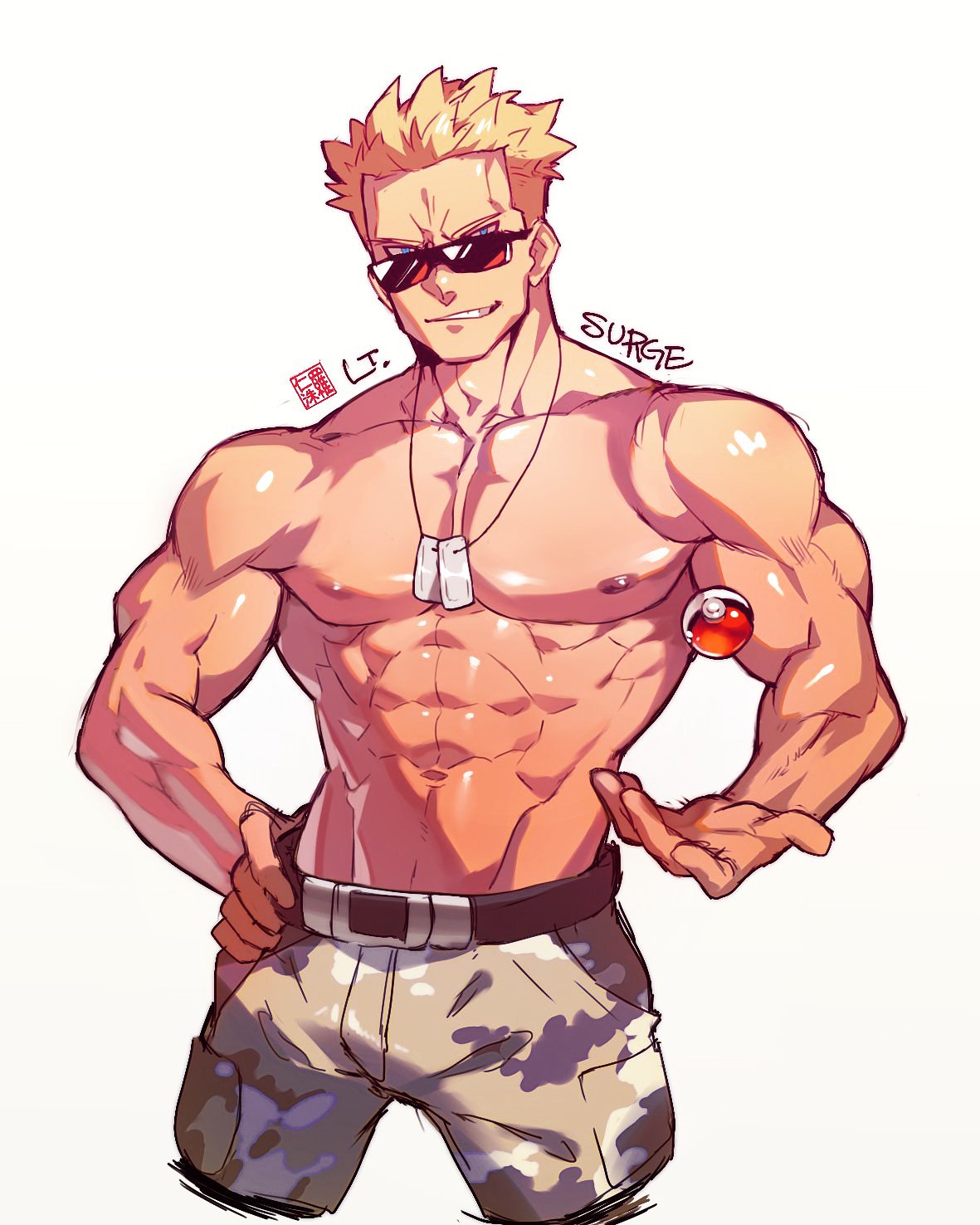 1boy, abs, bare_arms, belt, blonde_hair, blue_eyes, camouflage, camouflage_pants