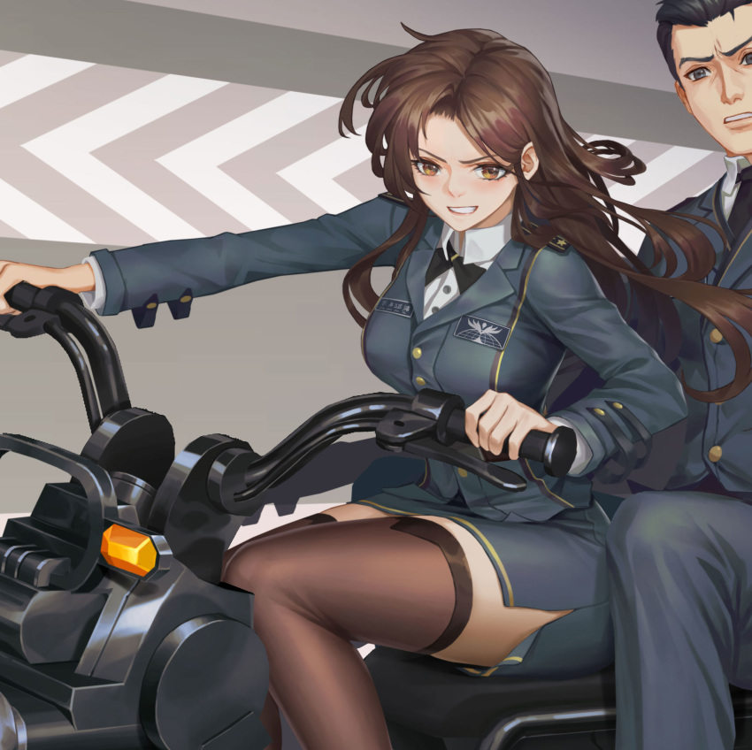 1boy, 1girl, black_legwear, blush, breasts, brown_hair, di_qiu_wang_shi, highres