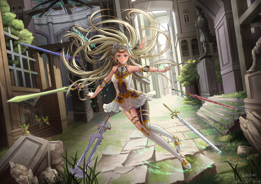 1016243000, 1girl, armor, blonde_hair, blush, boots, breasts, dress_shirt, elf, epic7, fairy, fairy_wings, green_hair, highres, large_breasts, long_hair, long_pointy_ears, pointy_ears, scenery, shirt, smile, sword, very_long_hair, weapon, wings