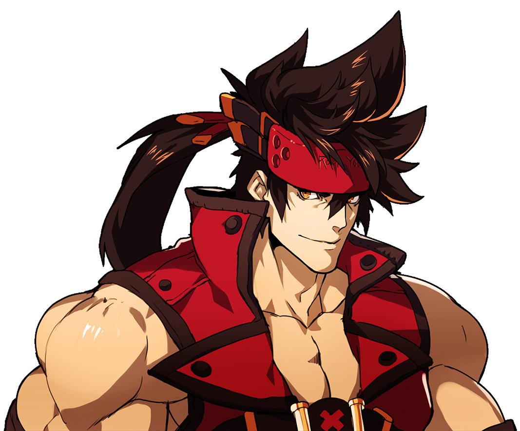 1boy, bara, bare_shoulders, brown_hair, chest, guilty_gear, headgear, long_hair