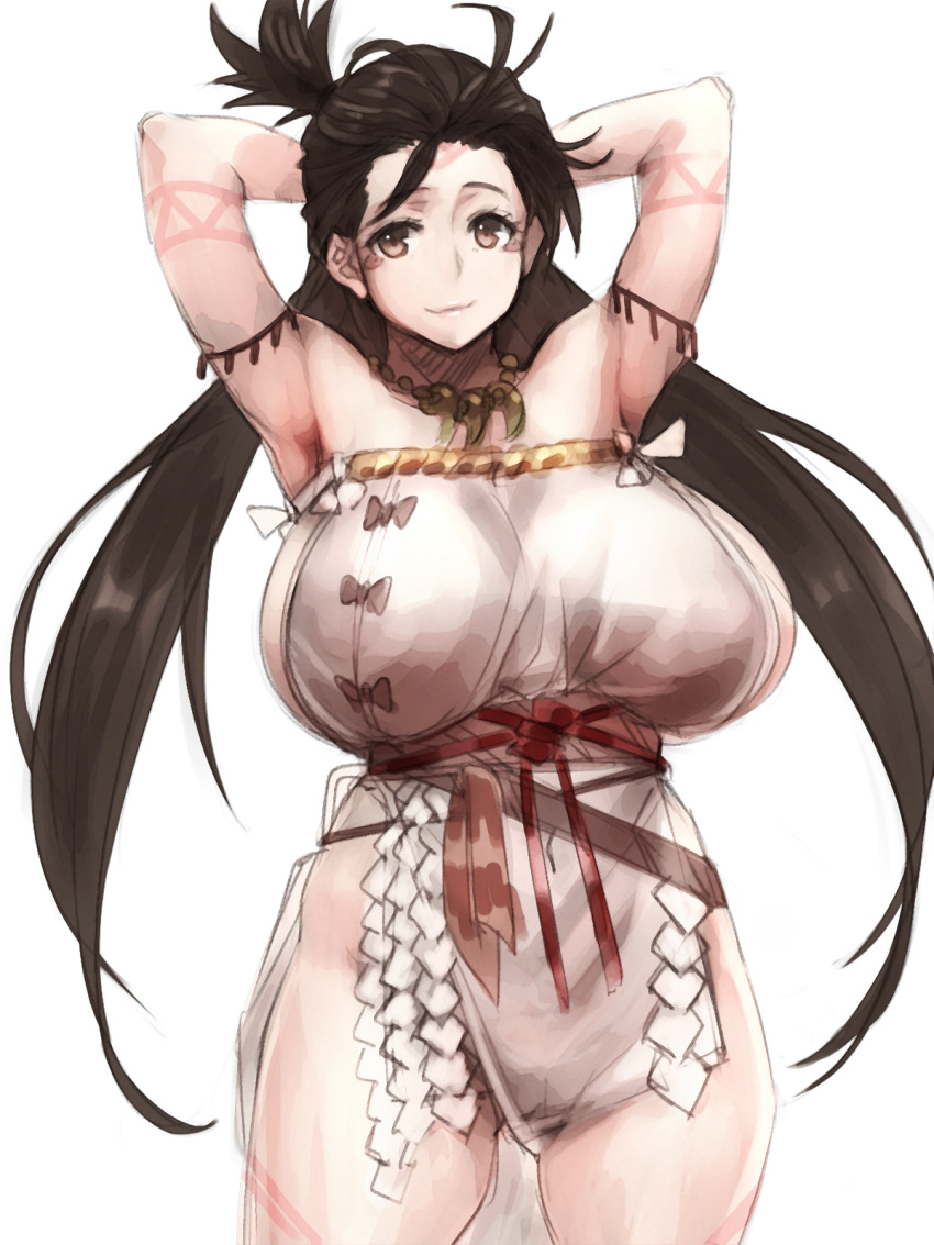 1girl, armpits, arms_behind_head, arms_up, bare_shoulders, blush, body_markings, breasts