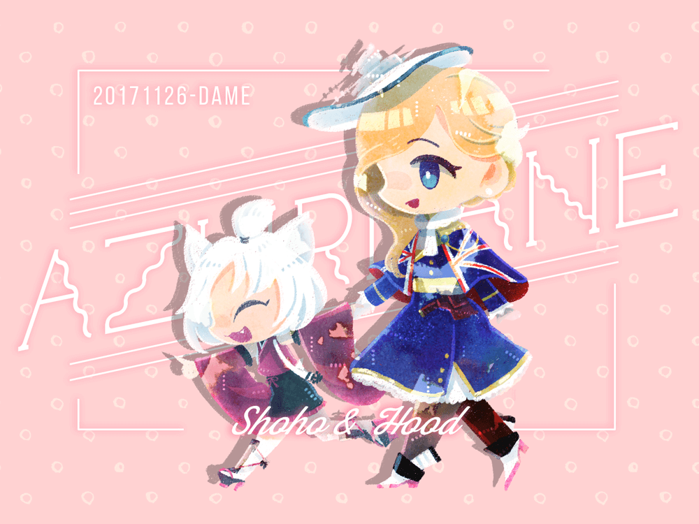 2girls, :d, ^_^, ^o^, animal_ears, azur_lane, black_legwear, blonde_hair, blue_dress, blue_eyes, capelet, chibi, closed_eyes, cravat, dame_(dame_ice), detached_sleeves, dress, english_text, hair_over_shoulder, holding_hands, hood_(azur_lane), hull_shoes, japanese_clothes, kimono, kneehighs, long_hair, multiple_girls, open_mouth, pantyhose, pink_background, red_kimono, ribbon, running, shin_guards, short_hair, shouhou_(azur_lane), sleeveless, sleeveless_kimono, smile, tilted_headwear, topknot, union_jack, white_hair, white_headwear, white_legwear, white_ribbon, wide_sleeves