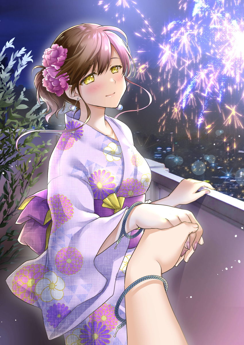 1girl, absurdres, aerial_fireworks, brown_hair, earrings, festival, fireworks, floral_print