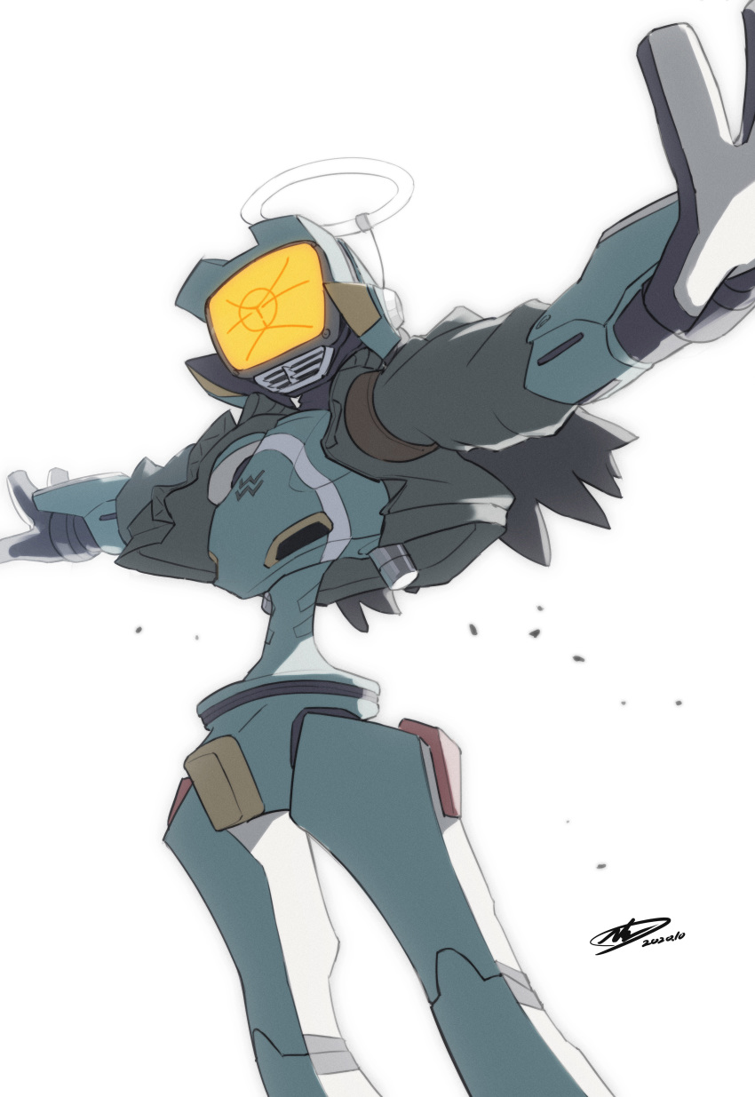 absurdres, andrew_leung, canti, dated, flcl, halo, highres, looking_ahead, no_humans, open_hands, robot, screen, signature, solo, t-pose, white_background