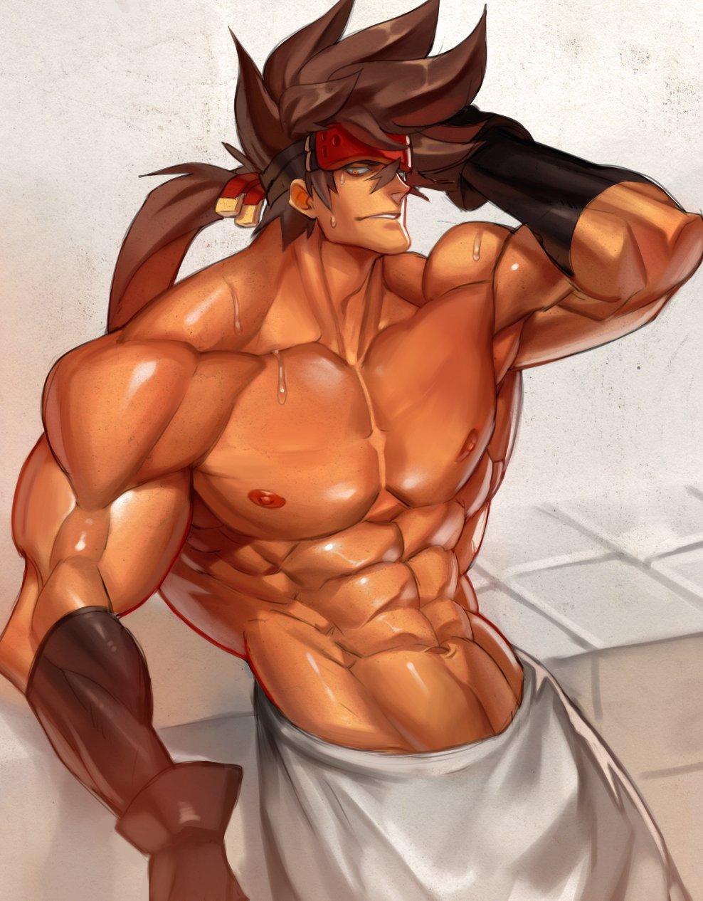 1boy, abs, bara, bare_chest, brown_hair, chest, guilty_gear, headgear