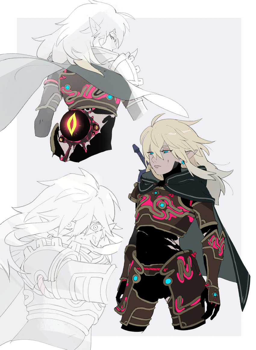 1boy, armor, black_bodysuit, blonde_hair, bodysuit, border, breastplate, cape, corruption, earrings, elf, empty_eyes, extra_eyes, eyeball, hair_between_eyes, hair_down, highres, jewelry, kaninn, link, malice_(zelda), medium_hair, multiple_views, partially_colored, pointy_ears, simple_background, the_legend_of_zelda, the_legend_of_zelda:_breath_of_the_wild, torn_bodysuit, torn_clothes, white_border, wide-eyed