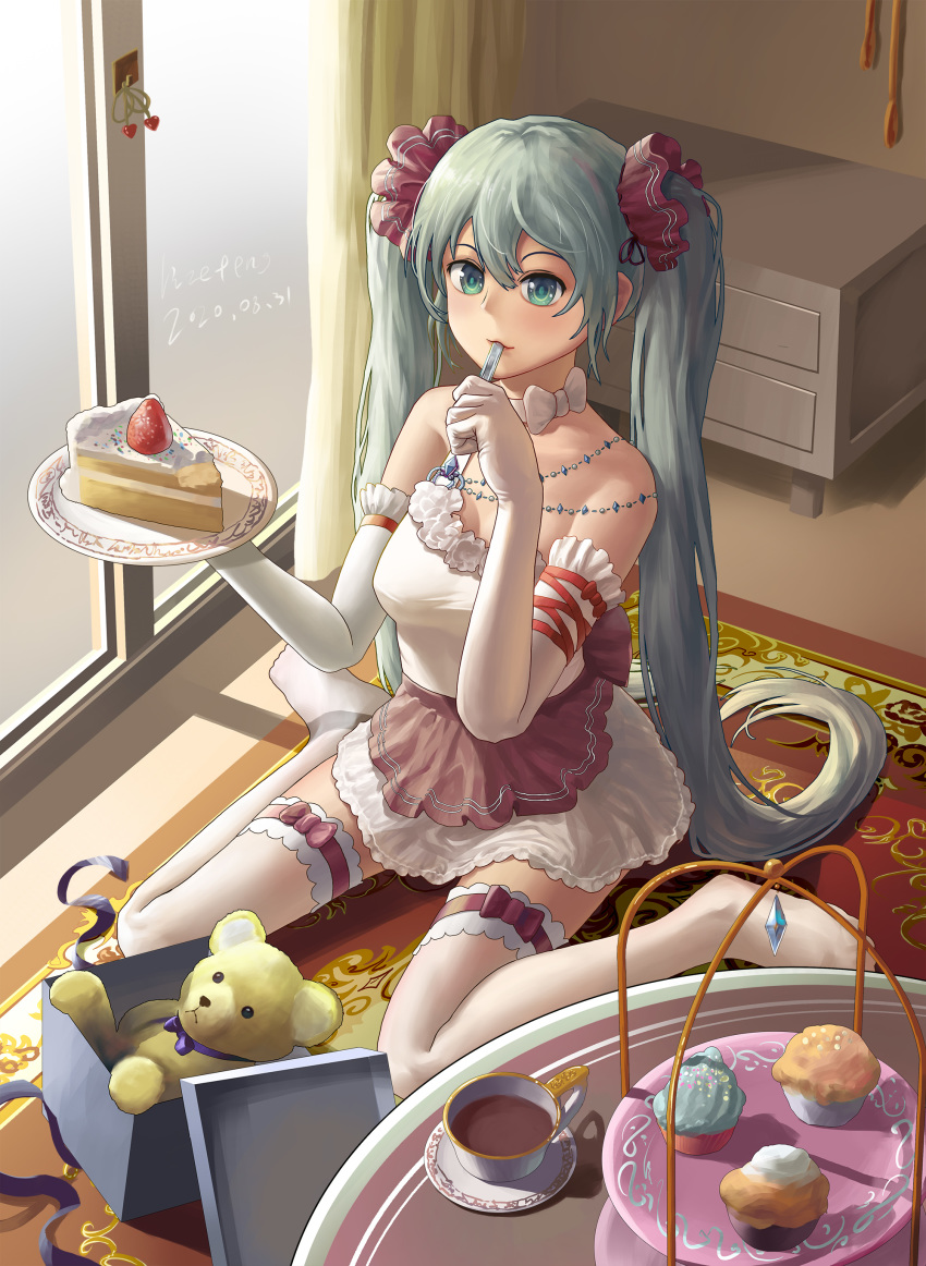 1016243000, 1girl, absurdres, aqua_eyes, aqua_hair, birthday, blush, hair_ornament