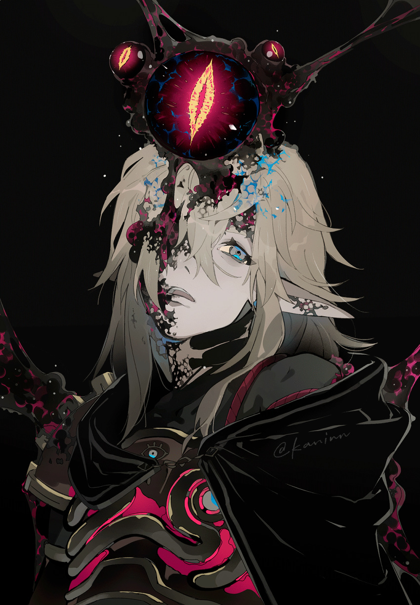 1boy, armor, artist_name, bishounen, black_background, body_horror, breastplate, cape, corruption, elf, extra_eyes, eyeball, hair_between_eyes, highres, kaninn, link, long_hair, looking_up, malice_(zelda), one_eye_covered, parted_lips, pointy_ears, signature, solo, the_legend_of_zelda, the_legend_of_zelda:_breath_of_the_wild, twitter_username, upper_body