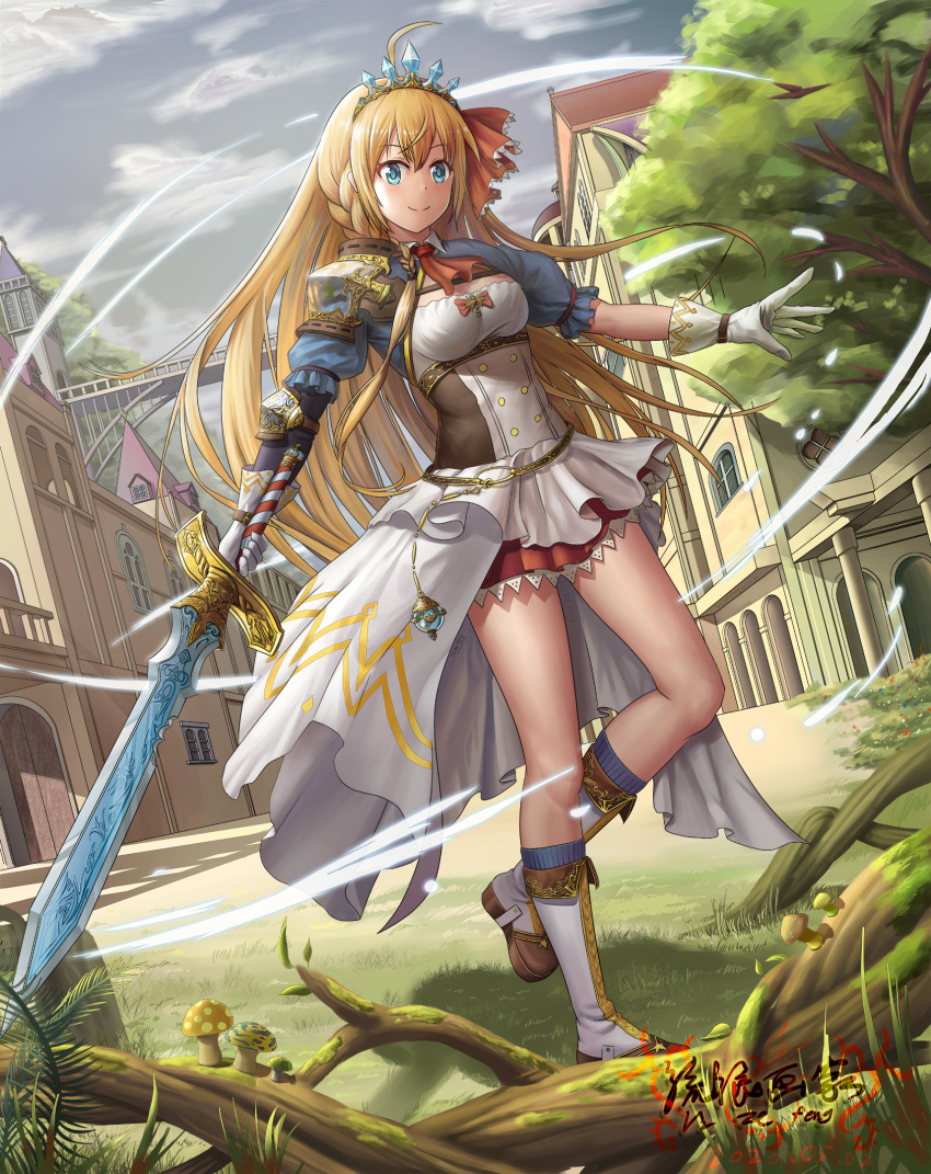 1016243000, 1girl, ahoge, animal_ear_fluff, bead_bracelet, beads, blue_eyes, blue_sleeves, bracelet, braid, breasts, cat_girl, cygames, flower, food, gloves, hair_ribbon, highres, jewelry, large_breasts, long_hair, multicolored_hair, onigiri, orange_hair, pecorine_(princess_connect!), princess_connect!, princess_connect!_re:dive, puffy_short_sleeves, puffy_sleeves, red_ribbon, ribbon, rose, short_sleeves, shrug_(clothing), side_braid, skirt, streaked_hair, tiara, white_gloves, yellow_flower, yellow_rose