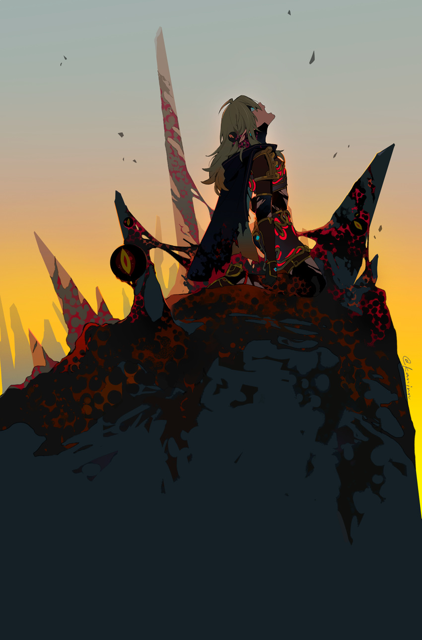 1boy, armor, blonde_hair, blood, blue_eyes, breastplate, cape, cropped