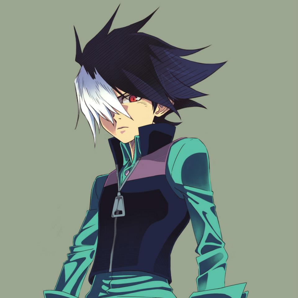 1boy, black_hair, closed_mouth, danball_senki, danball_senki_w, green_background, hair_over_one_eye, hatching_(texture)