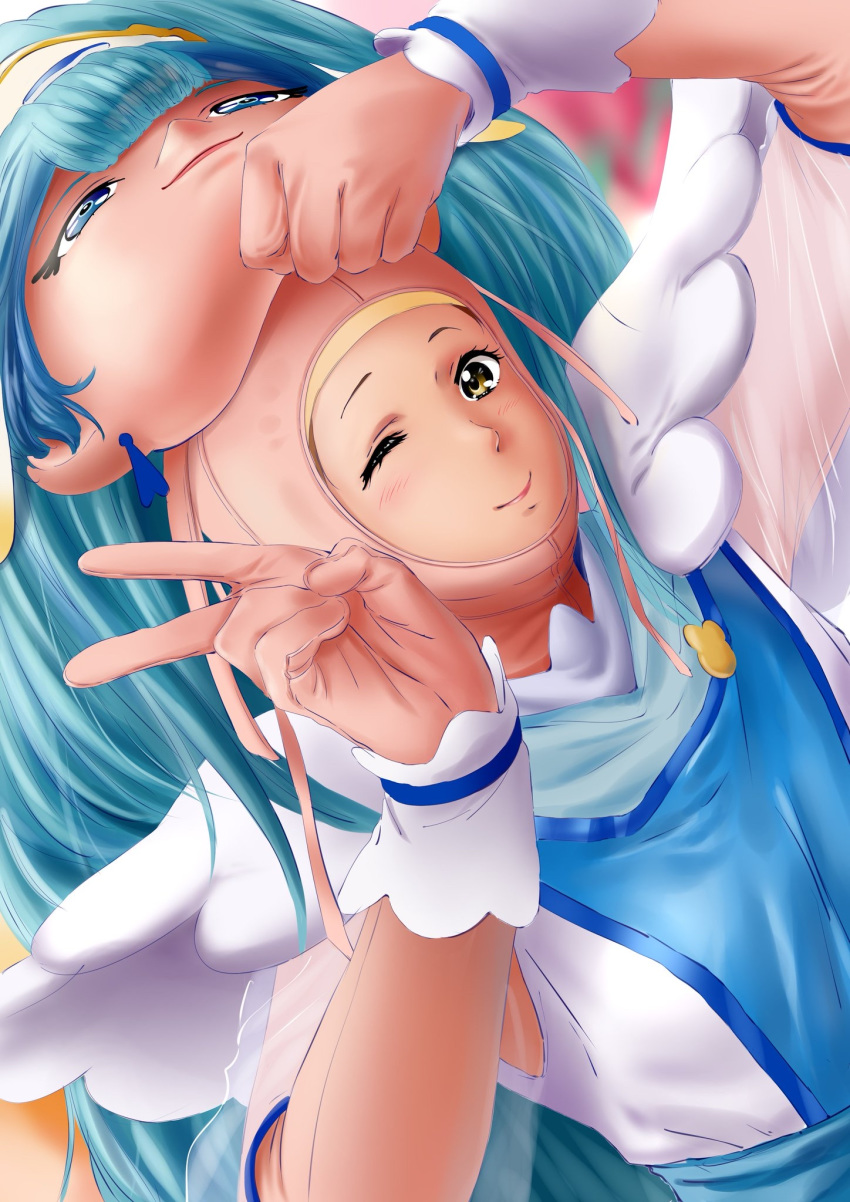 1girl, actress, anigurum, animegao, armor, blue_eyes, blue_hair, blush, bob_cut, bodysuit, brown_eyes, brown_hair, cosplay, costume, cure_ange_(cosplay), dress, highres, hugtto!_precure, idol, indoors, kigurumi, long_hair, mask, one_eye_closed, precure, see-through_sleeves, smile, solo, yellow_eyes