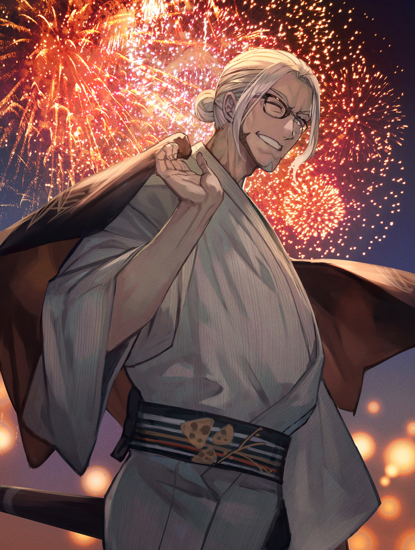 1boy, ;d, arurandis, facial_hair, fireworks, glasses, goatee, green_eyes
