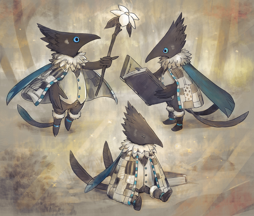 bird, black_bird, black_eyes, black_footwear, blue_cape, blue_sclera, book, bookmark