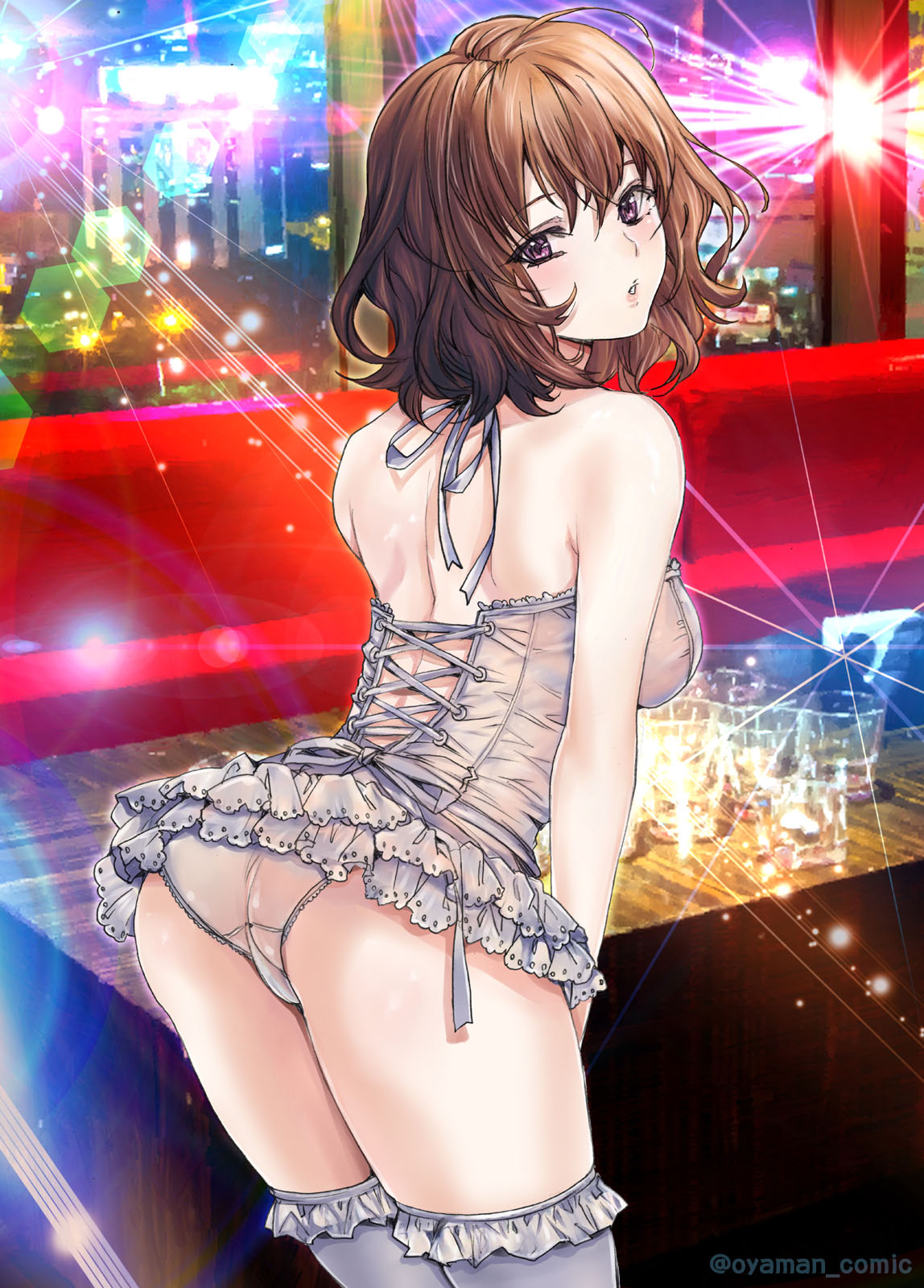 1girl, ass, back, bangs, black_eyes, brown_hair, bustier, commentary, cowboy_shot, crotch_seam, cup, diffraction_spikes, drinking_glass, frilled_legwear, frills, highres, indoors, lace-trimmed_panties, lace_trim, leaning_forward, light_particles, lingerie, lips, looking_at_viewer, looking_back, medium_hair, original, oyaman, panties, parted_lips, solo, standing, thigh-highs, thighs, twitter_username, underwear, white_legwear, white_panties, window