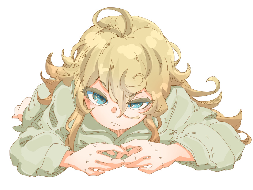 1girl, absurdres, ahoge, aqua_eyes, blonde_hair, blush, eyebrows_visible_through_hair, frown, hair_between_eyes, highres, looking_at_viewer, lying, messy_hair, on_ground, on_stomach, pajamas, shumazarashi, simple_background, tanya_degurechaff, youjo_senki