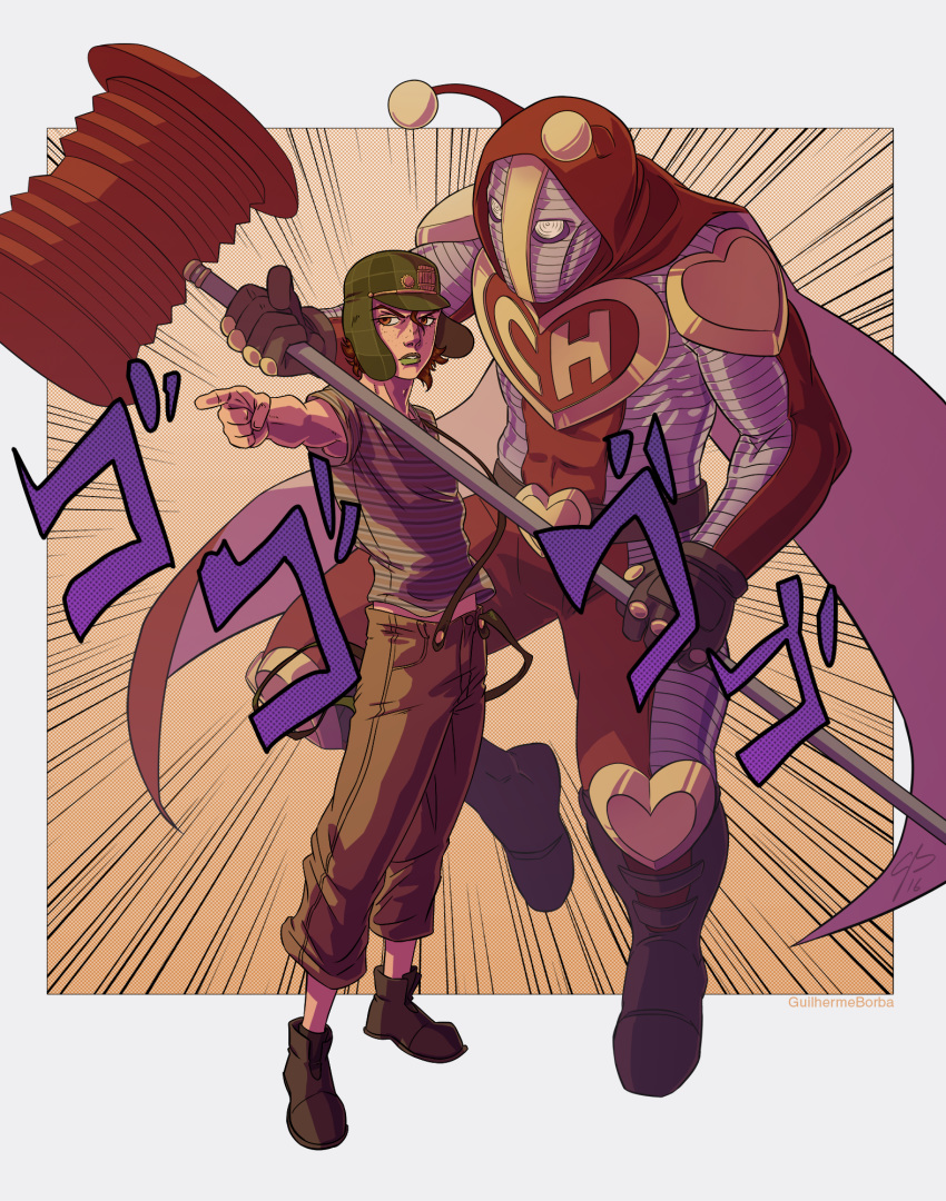 2boys, araki_hirohiko_(style), boots, cape, commentary, el_chapulin_colorado, el_chapulin_colorado_(series), el_chavo