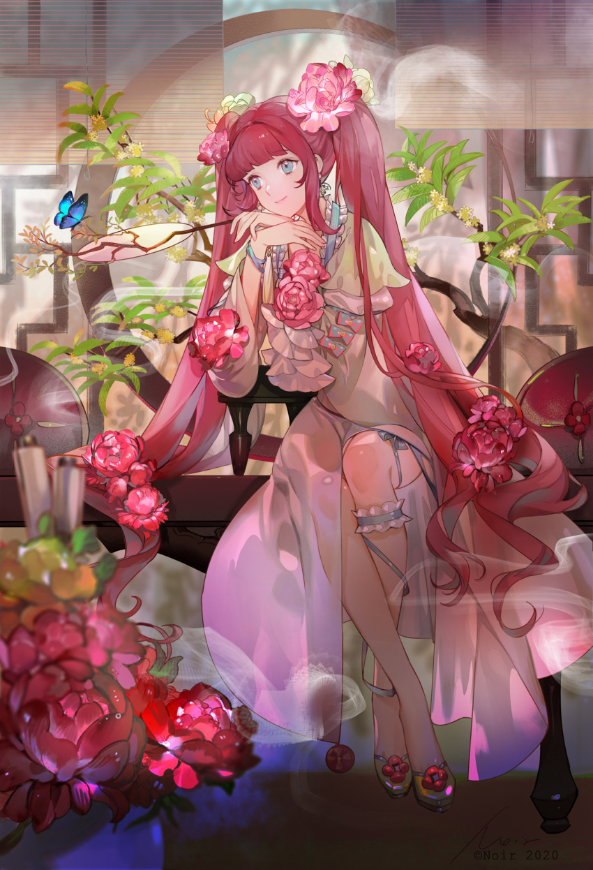 1girl, bangs, blue_eyes, bug, butterfly, character_request, chinese_clothes, earrings