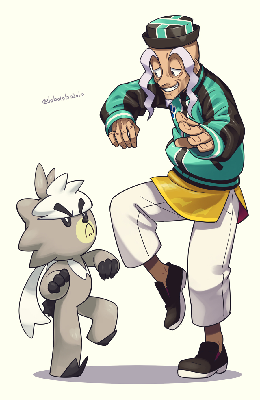 artist_name, commentary_request, facial_hair, gen_8_pokemon, green_jacket, half-closed_eyes, hands_up, hat