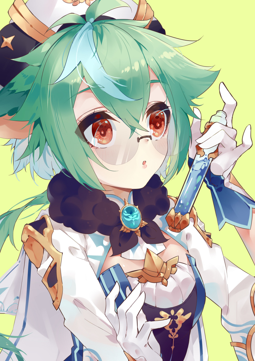 1girl, :o, absurdres, animal_ears, ariakk, fogged_glasses, genshin_impact, glasses, gloves, green_background, green_hair, hat, highres, holding, jewelry, long_sleeves, looking_at_object, mage, open_mouth, ponytail, red_eyes, short_hair, simple_background, solo, sucrose_(genshin_impact), test_tube