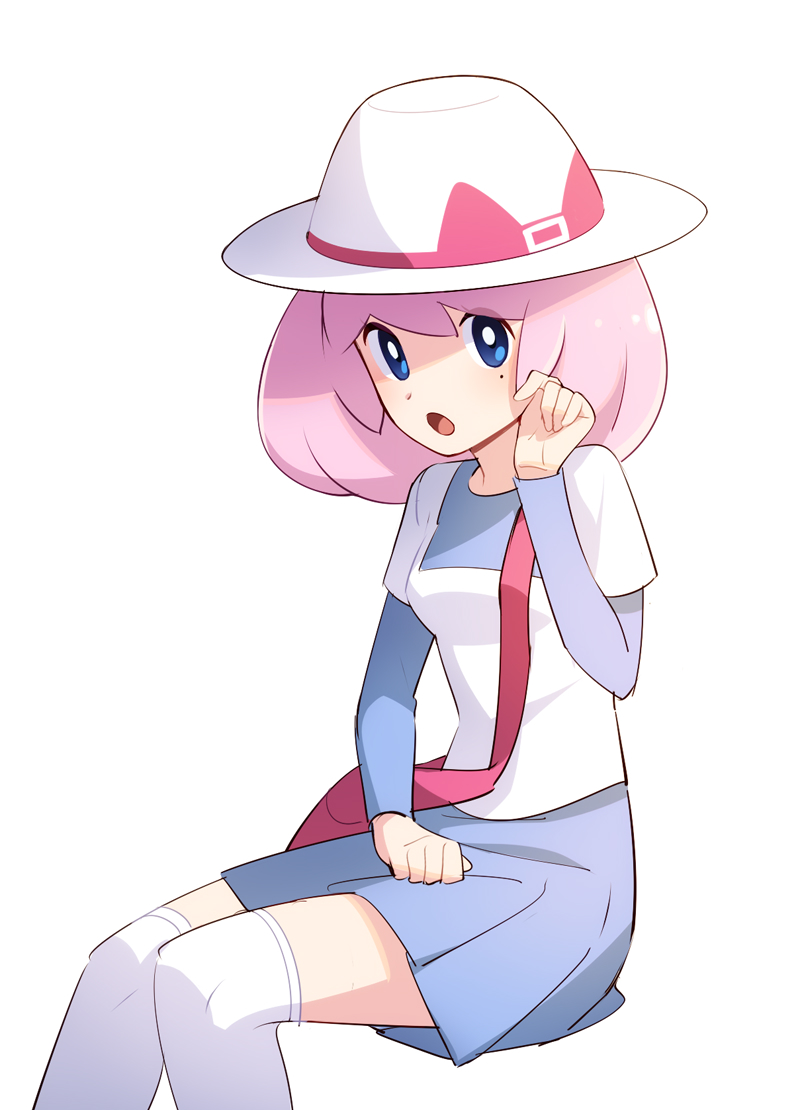 1girl, bangs, blue_eyes, commentary_request, hand_up, hat, knees_together, lobolobo2010, long_hair, looking_at_viewer, mole, mole_under_eye, open_mouth, over-kneehighs, pink_hair, pleated_skirt, pokemon, pokemon_(game), pokemon_bw2, shirt, short_sleeves, sitting, skirt, solo, thigh-highs, tongue, white_headwear, white_legwear, yancy_(pokemon)