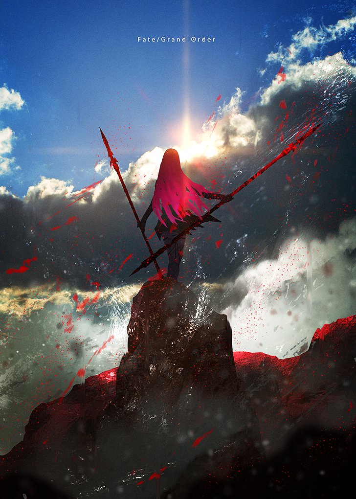 1girl, back, clouds, cloudy_sky, commentary_request, copyright_name, dual_wielding, fate/grand_order