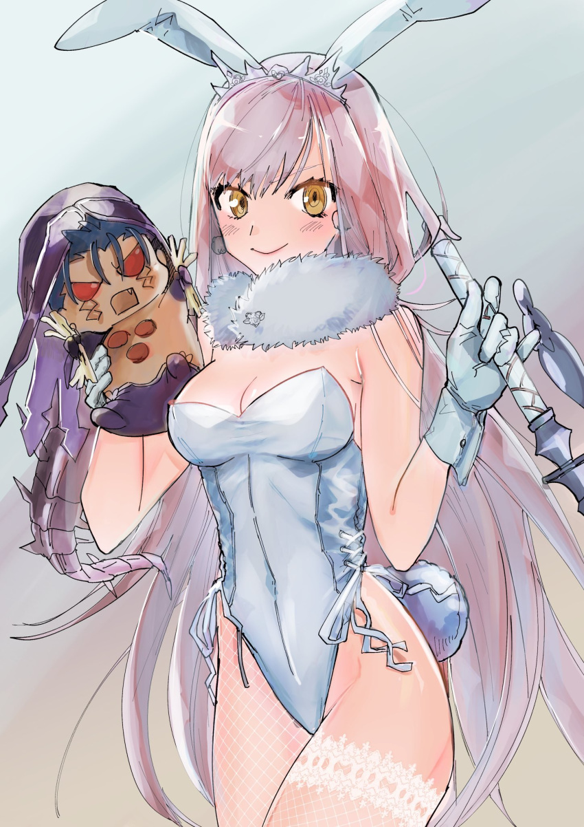 1boy, 1girl, angry, chibi, cu_chulainn_(fate)_(all), detached_collar, fate/grand_order, fate_(series), fishnet_legwear, fishnets, fur_collar, gloves, highres, long_hair, looking_at_viewer, medb_(fate)_(all), mini_cu-chan, mismatched_legwear, pink_hair, playboy_bunny, prostate_massager, red_eyes, tail, thigh-highs, tiara, tsurupika, type-moon, whip, white_gloves, yellow_eyes
