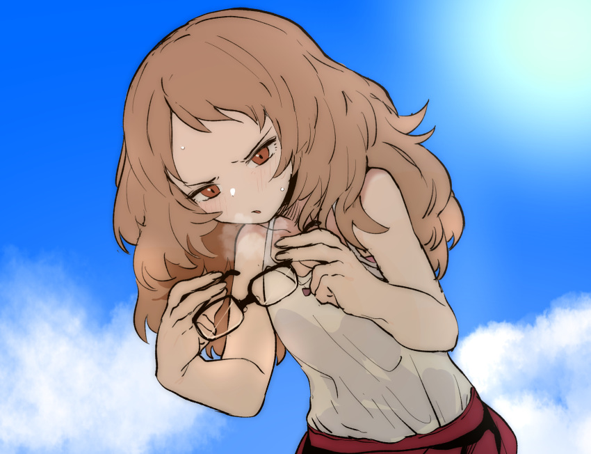 1girl, blue_sky, blush, brown_eyes, brown_hair, camisole, clouds, cloudy_sky, day, ddari, eyewear_removed, highres, holding, holding_eyewear, long_hair, mie_(sukinako_ga_glasses_wo_wasureta), outdoors, pants, parted_lips, red_pants, sky, solo, sukinako_ga_glasses_wo_wasureta, white_camisole