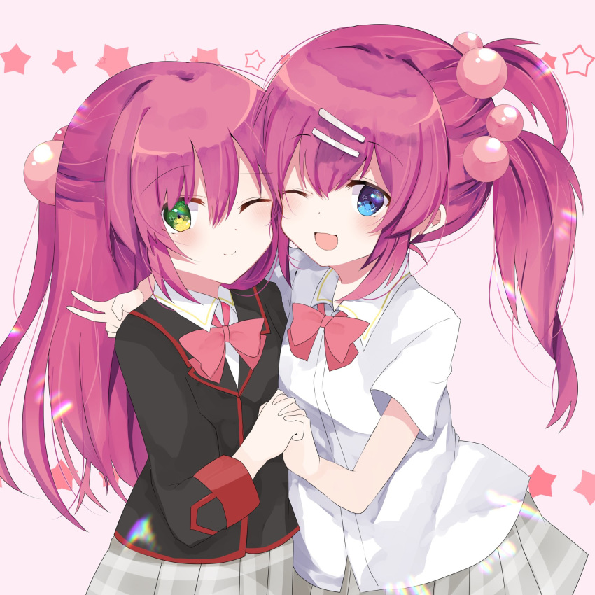 2girls, bangs, blazer, blue_eyes, bow, bowtie, closed_eyes, collared_shirt, futaki_kanata, green_eyes, hair_between_eyes, hair_bobbles, hair_ornament, hairclip, highres, holding_hands, jacket, little_busters!!, long_hair, long_sleeves, multiple_girls, nanakusa_miya, open_mouth, pink_background, pleated_skirt, red_bow, red_eyes, red_neckwear, saigusa_haruka, school_uniform, shirt, skirt, smile, star_(symbol), v, white_shirt