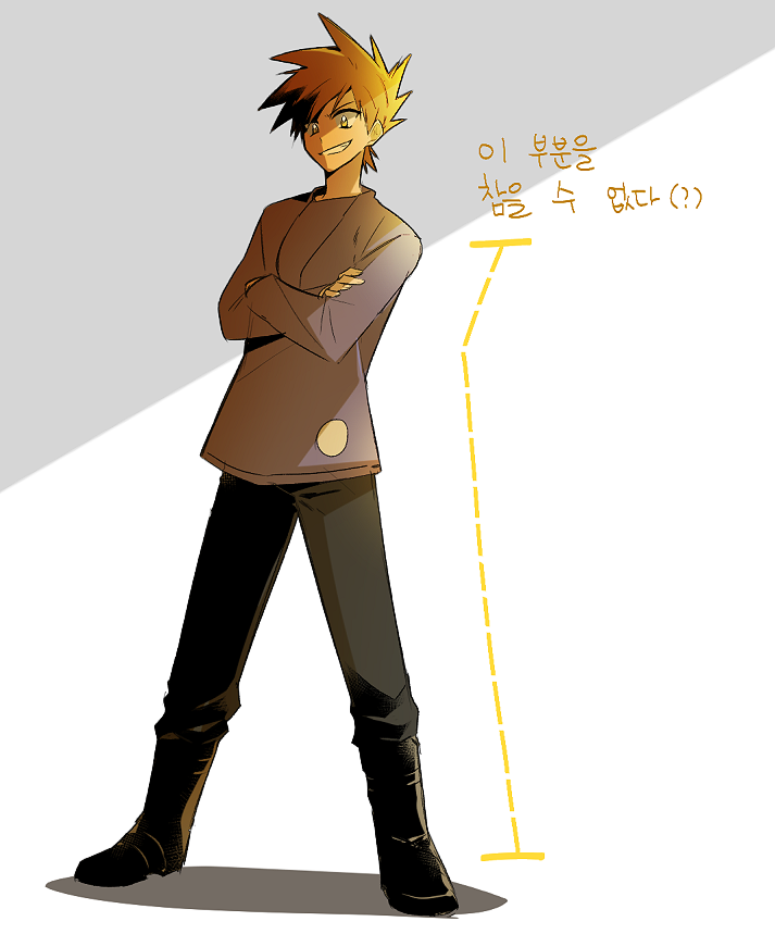 1boy, bangs, black_pants, blue_oak, boots, brown_footwear, commentary_request, crossed_arms