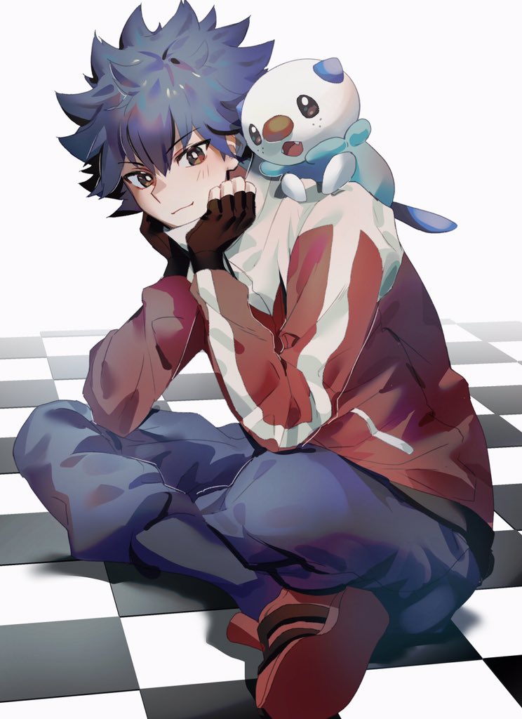 1boy, bangs, black_hair, checkered, checkered_floor, closed_mouth, commentary_request, crossed_legs