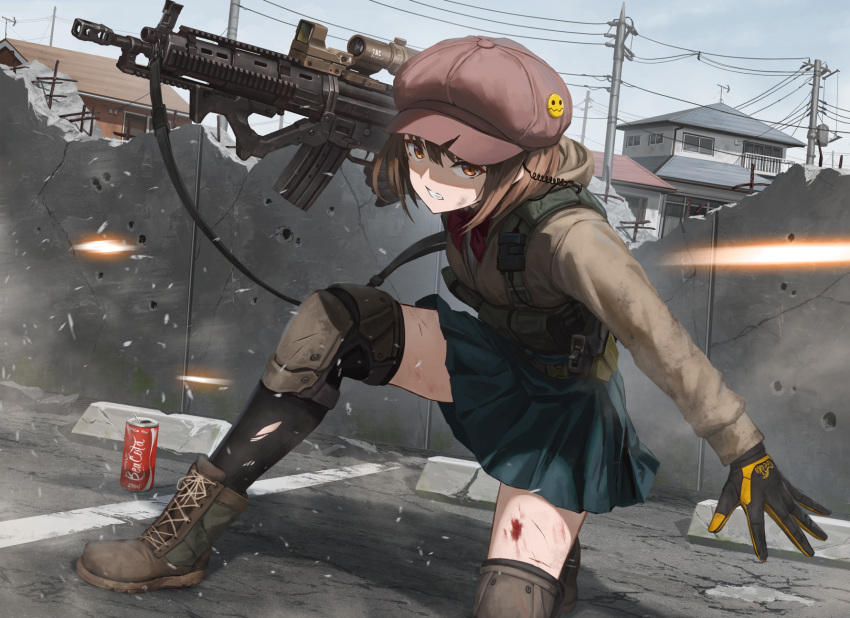 1girl, assault_rifle, bangs, black_gloves, black_legwear, black_skirt, blood, blue_sky