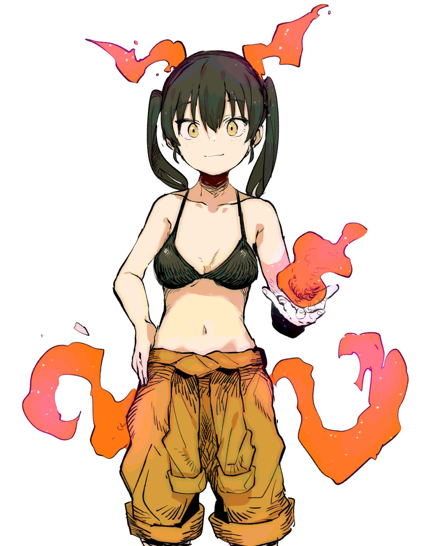 1girl, black_bra, black_hair, bra, closed_mouth, copyright_request, ddari, fiery_horns