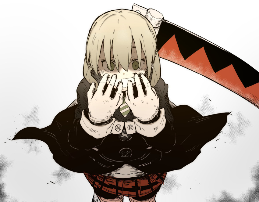 1girl, black_coat, blonde_hair, coat, cowboy_shot, ddari, gloves, green_eyes