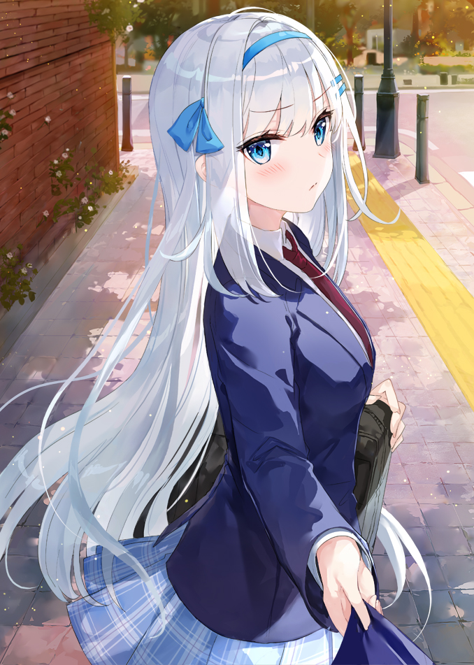 1girl, bag, blazer, blue_eyes, bollard, collared_shirt, fuumi_(radial_engine), hair_ornament, hairband, hairclip, jacket, long_hair, long_sleeves, necktie, original, outdoors, plaid, plaid_skirt, pleated_skirt, pulled_by_another, red_neckwear, school_bag, shirt, skirt, solo, white_hair, white_shirt