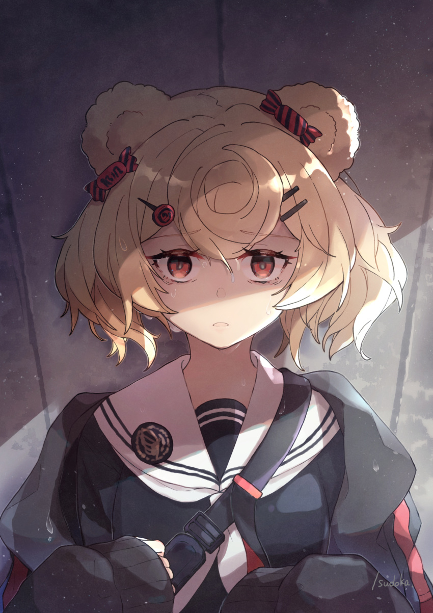 1girl, animal_ears, arknights, artist_name, bear_ears, black_jacket, blonde_hair, candy_hair_ornament