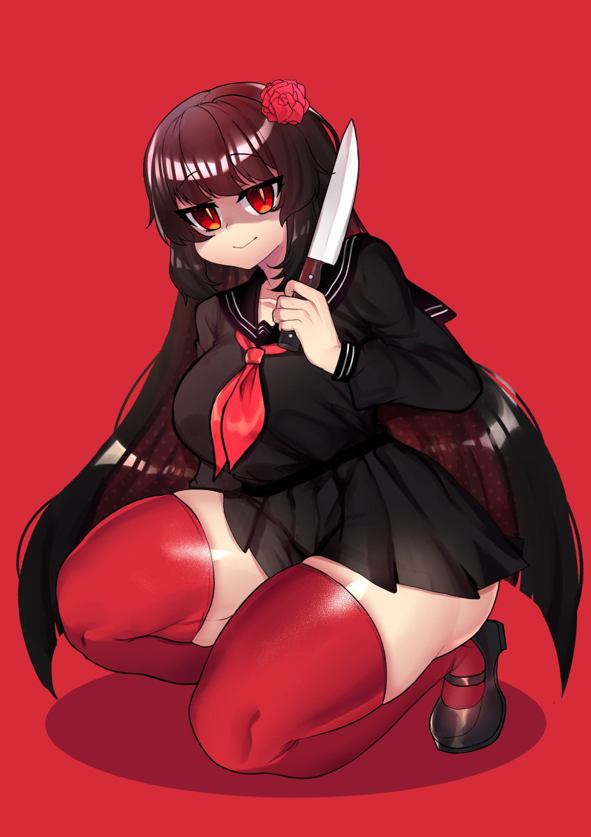 1girl, absurdres, black_footwear, black_hair, eyebrows, eyebrows_visible_through_hair, flower, flower_ornament, hair_flower, hair_ornament, highres, holding, holding_knife, holding_weapon, junko_(stalker_x_stalker), knife, long_hair, osiimi, red_background, rose, school_uniform, shaded_face, shoes, smile, solo, squatting, stalker_x_stalker, thick_thighs, thigh-highs, thighs, weapon, yandere